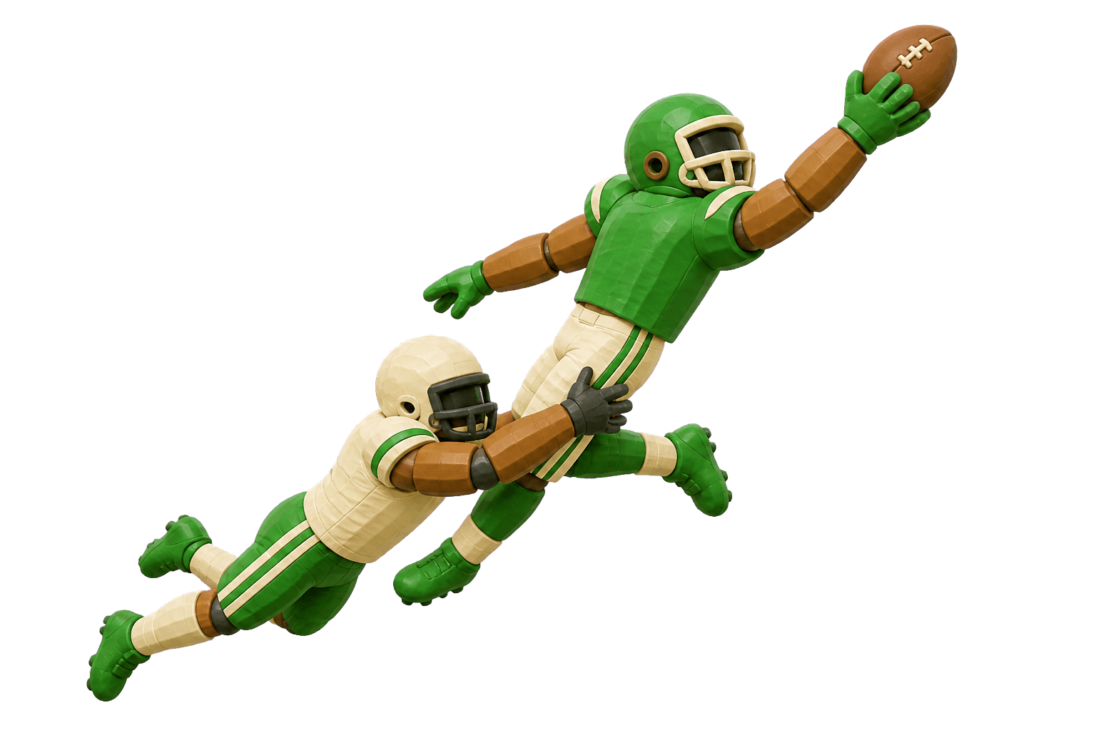 Blocky claymation-style 3D receiver making a one-handed catch over a defender