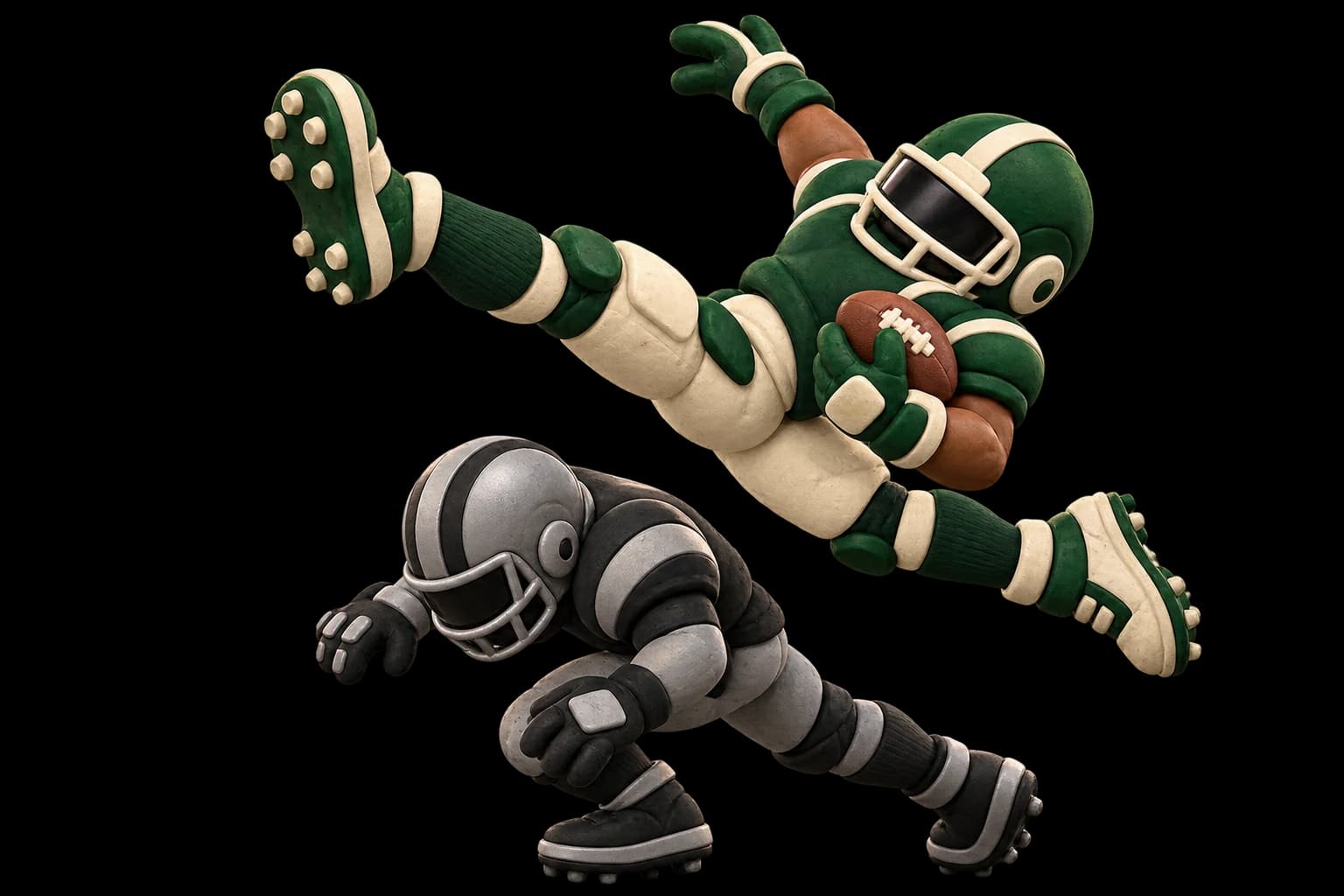 Blocky claymation-style 3D runner vaulting backward over a defender