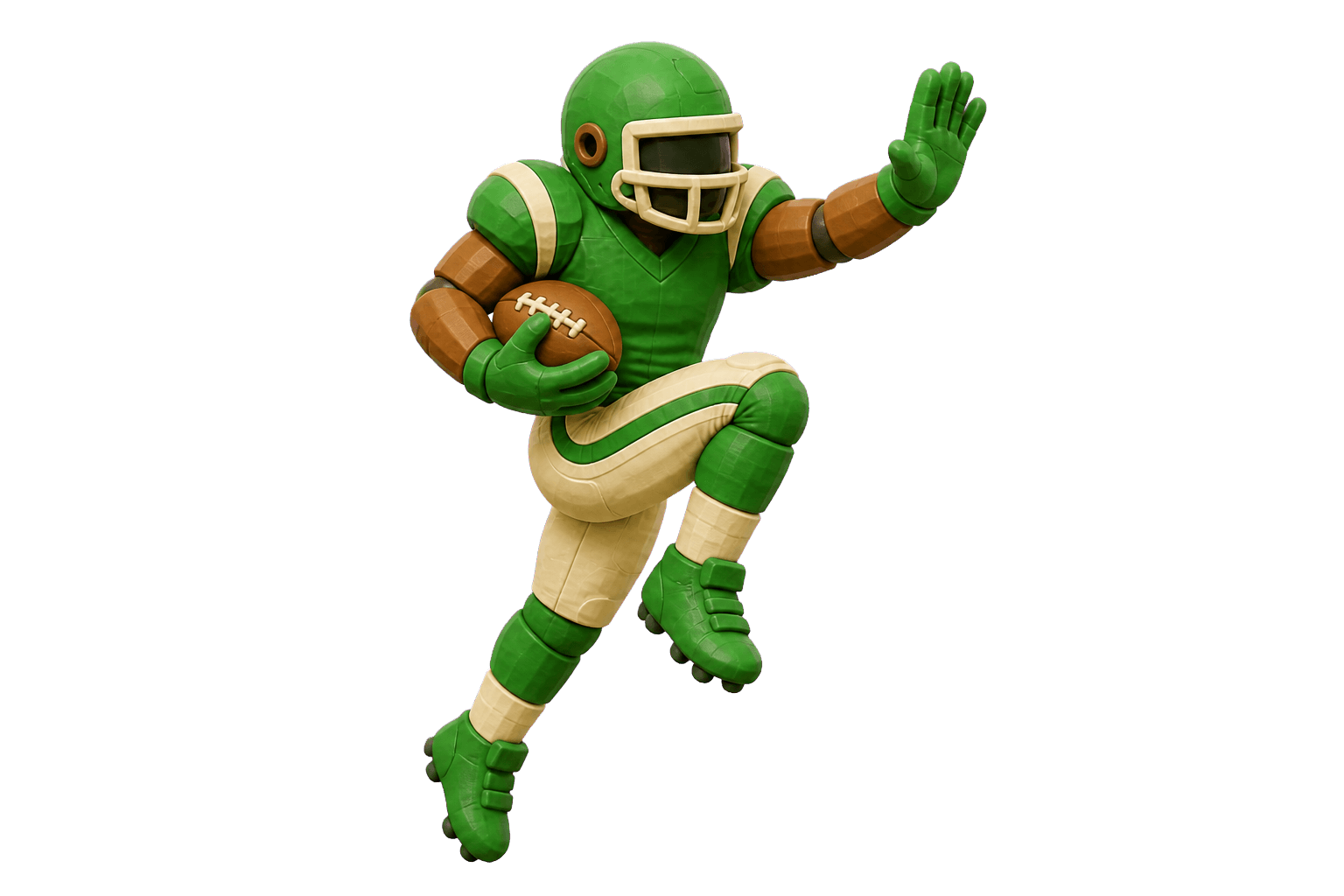 Blocky claymation-style 3D runner striking a classic stiff-arm pose